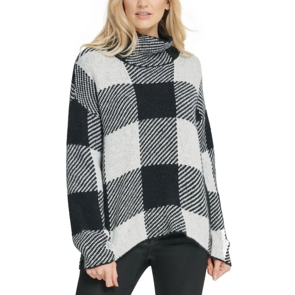 Dkny Women's Ivory/Black Plaid Pull Over Turtleneck Sweater Size XL